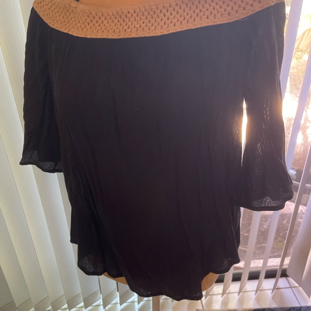 miami Black Off-Shoulder Top with Tan Crochet Trim